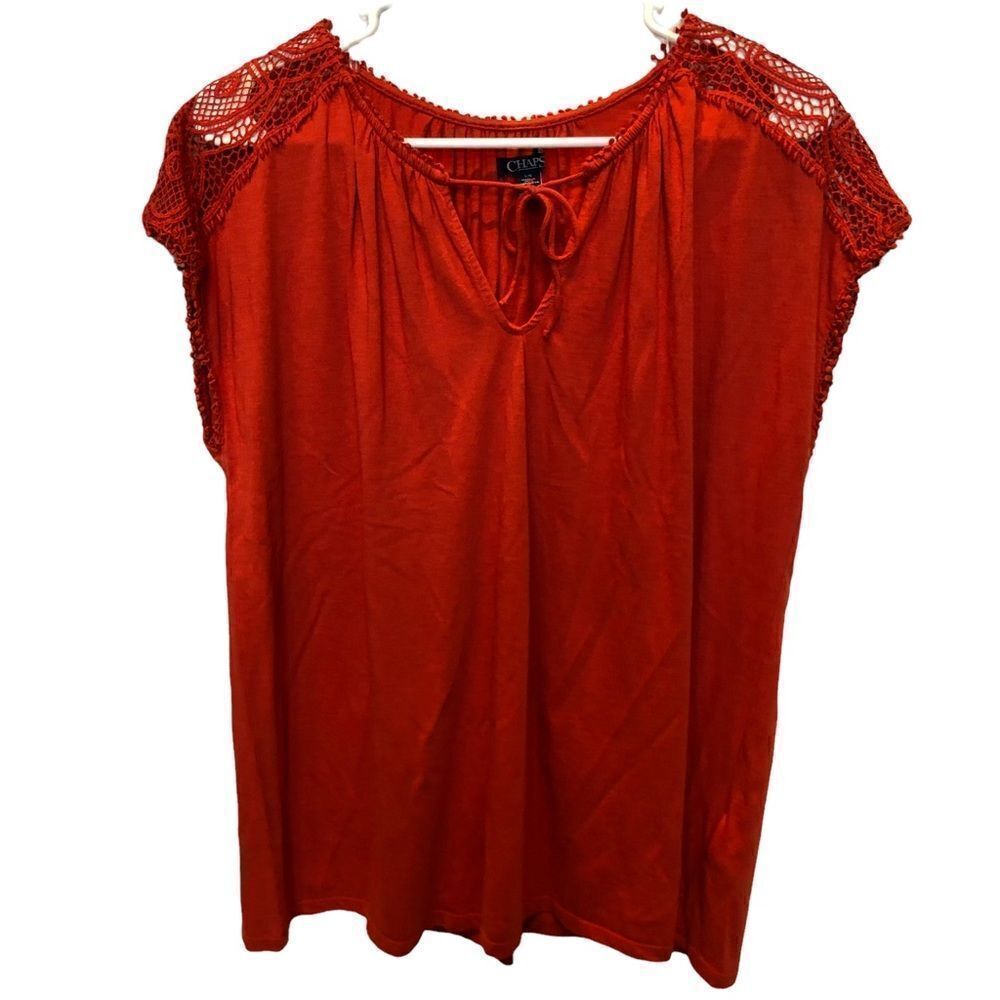 Chaps short sleeve blouse lace at shoulders orange-red color Large
